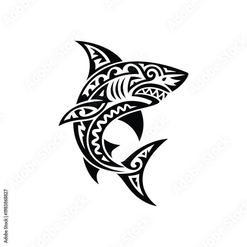 Tribal shark tattoo black and white maori style