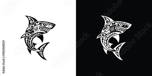 Tribal shark tattoos on white and black background