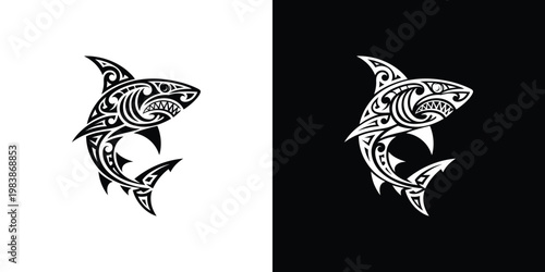 Tribal shark tattoos on white and black backgrounds