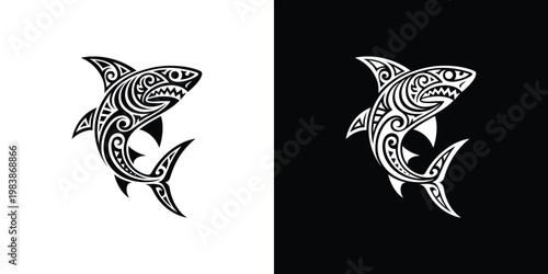 Tribal style shark tattoos on white and black backgrounds