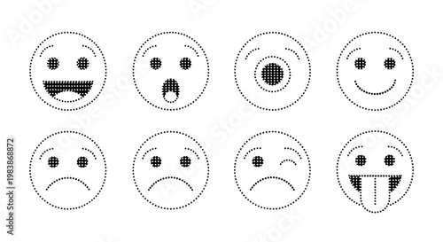 Set of eight emoticon faces with various expressions on white background