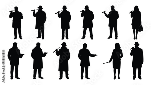 A collection of silhouette figures depicting various people holding objects primarily musical instruments high quality professional