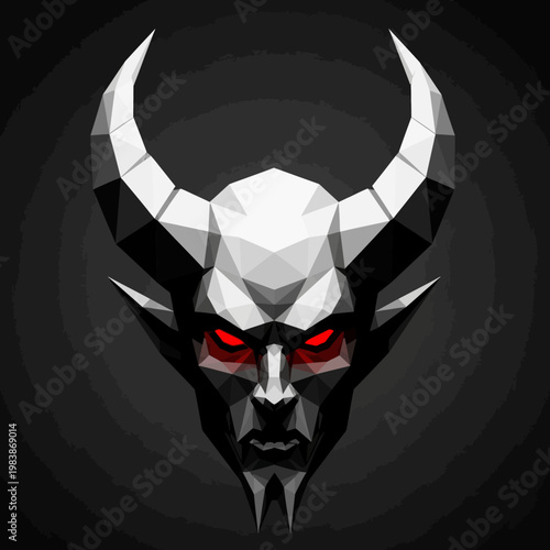 Low Poly Demon Head with Glowing Red Eyes and Sharp Horns.