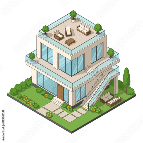 Modern two-story house with rooftop patio.