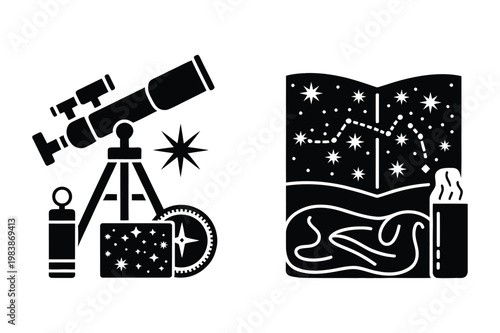 Astronomy and stargazing icons: telescope star map constellations binoculars