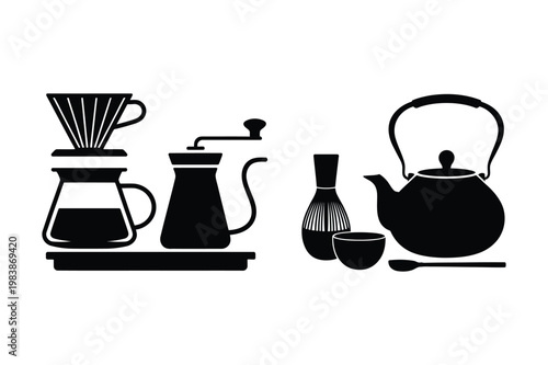 Coffee and tea preparation equipment silhouette icons vector illustration