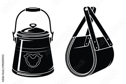 Fireplace accessories silhouette including metal bucket and log carrier