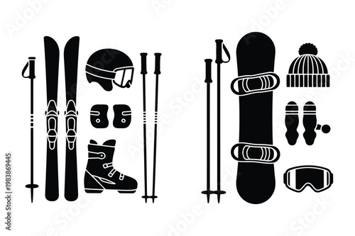 Skiing and snowboarding winter sports equipment icon set vector illustration