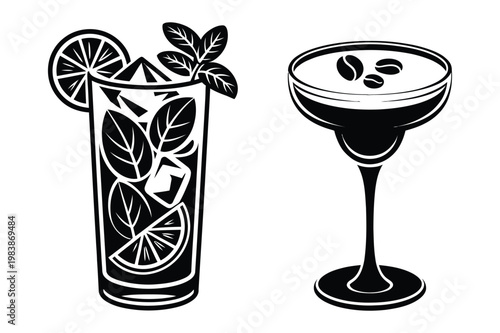 Mojito and espresso martini cocktail drink silhouette vector icons with cocktail