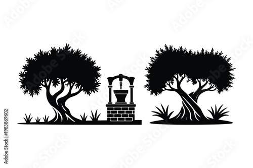 Mediterranean landscape element with olive trees and stone water well, landscape
