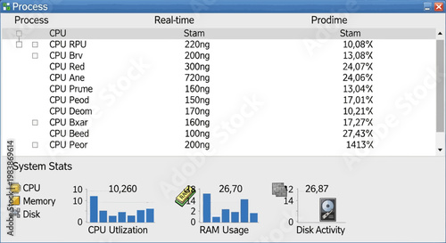 Computer cpu and system resource utilization graph on a windows pc screen showing performance metrics and processes