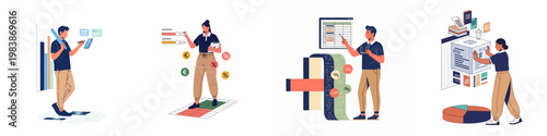 Set of flat illustrations depicting professionals engaged in data analysis, financial tracking, programming, and systematic information management for business growth.