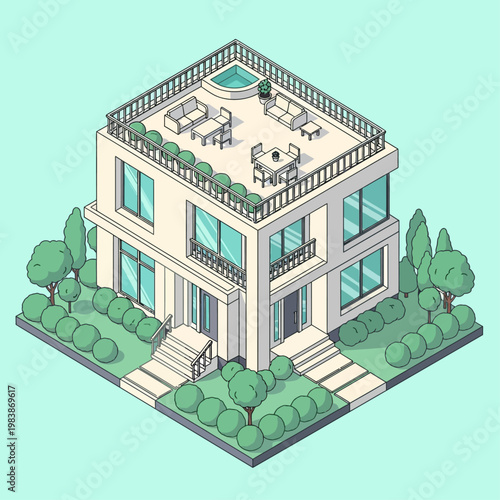 Luxury modern house with rooftop patio.