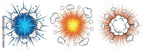 Illustration of Various Explosion Effects in Blue, Yellow, and Orange for Action and Impact Scenes