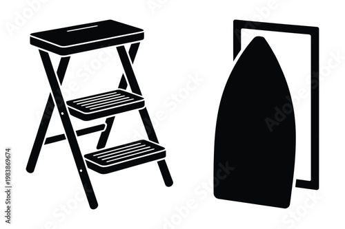 Three step folding metal ladder and steam iron with ironing board illustration