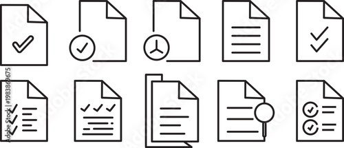 Document approval icon set, professional vector illustration of approved files and verified paperwork.Verified document and contract icons, creative graphics representing successfully approved and sig