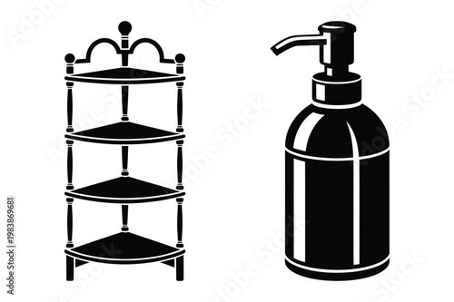 Four tier vintage corner shelf and liquid soap dispenser pump bottle vector