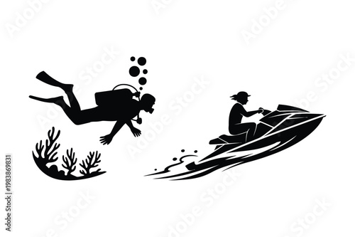 Scuba diver and jet ski rider silhouettes for summer water sports design