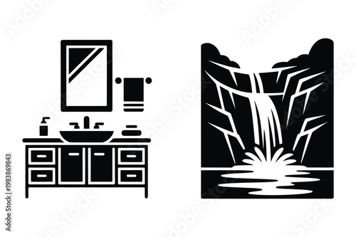 Modern bathroom vanity and natural waterfall landscape vector silhouettes