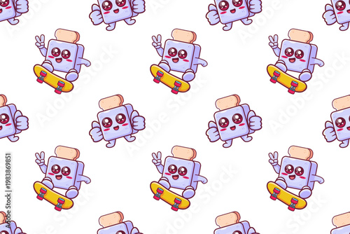 cheerful bread toaster machine character seamless pattern illustration background 