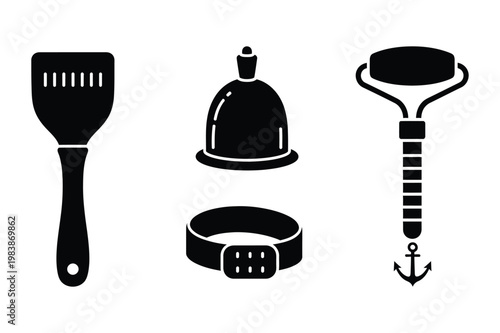 Professional grooming tools and nautical equipment black silhouette icons