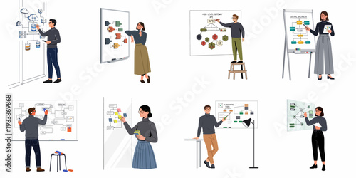 Set of professional illustrations of IT engineers and architects designing system diagrams, cloud infrastructure, and software workflows on whiteboards and glass walls.