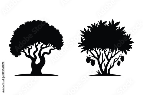 Leafy garden tree and fruit bearing berry bush black silhouette illustrations