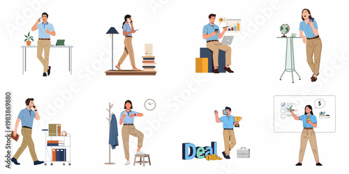 Vector illustration collection of business professionals using smartphones, multitasking, and performing various office tasks in a modern workplace environment.