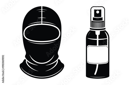 Balaclava mask and spray bottle vector icon set with ski mask, balaclava