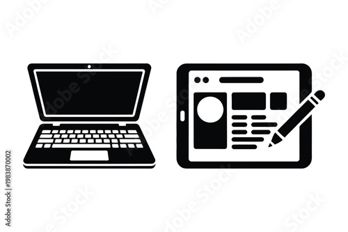 Laptop and tablet computer with stylus pen digital device silhouettes, computer