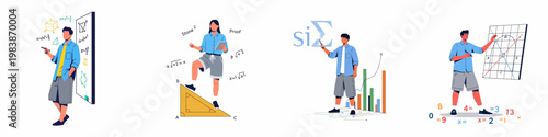 Set of illustrations depicting students engaging with mathematical formulas, geometric shapes, algebraic equations, and data visualization in a clean flat design style.
