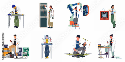 Set of diverse engineers and scientists working on robotics, electronics, drones, and high-tech equipment in a laboratory environment, flat vector illustration