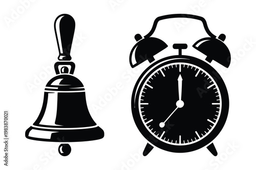 Handbell and classic twin bell alarm clock silhouette vector illustration