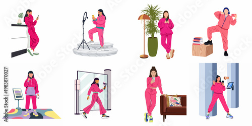 Collection of flat vector illustrations depicting young women influencers in pink tracksuits creating social media content with smartphones and professional equipment.