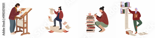 Set of flat illustrations featuring women engaged in writing, editing, and archiving tasks amidst stacks of paper and books on a white background.