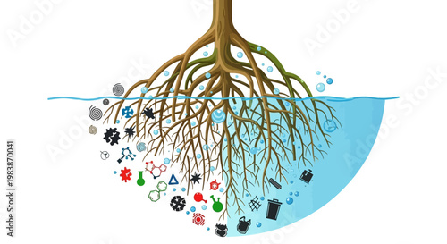 Conceptual illustration of tree roots absorbing digital elements underwater