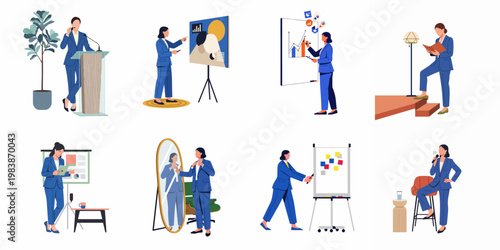 Professional Businesswoman Character Set in Various Office, Presentation, and Public Speaking Scenarios