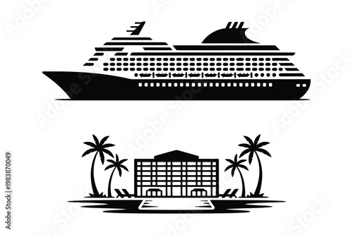 Luxury cruise ship and tropical beach resort hotel silhouette vector art