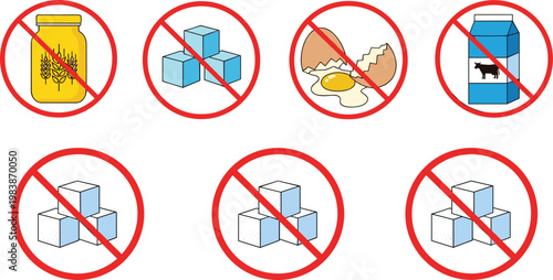 Food Allergy Warning Icons Set with Prohibited Milk, Eggs, Wheat, Sugar, and Dairy Symbols for Packaging Labels, Health Awareness, and Dietary Restrictions Design