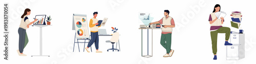 Set of flat illustrations showing office workers or students analyzing data, presenting reports, drawing, and organizing documents in a modern workspace.