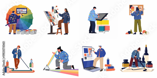 A set of creative illustrations showing designers and artists working with color palettes, digital tablets, and traditional tools for professional graphic design projects.