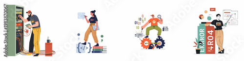 Collection of flat illustrations depicting IT maintenance, software development, system debugging, server management, and data analysis scenes with professional characters.