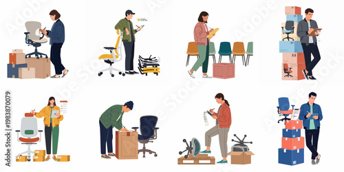 Collection of illustrations showing warehouse workers and office staff conducting inventory, quality control, and logistics for office furniture and equipment.