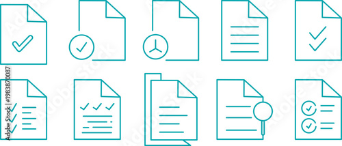 Document approval icon set, professional vector illustration of approved files and verified paperwork.Verified document and contract icons, creative graphics representing successfully approved and sig