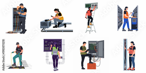 Collection of IT technicians and network engineers maintaining server racks, data centers, and telecommunications infrastructure in a flat illustration style.