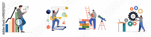 A collection of four illustrations depicting various aspects of Search Engine Optimization (SEO), including analytics, keyword research, SERP analysis, and technical maintenance.