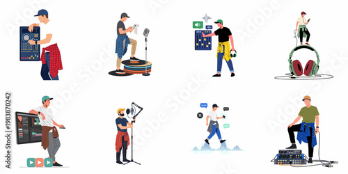 Collection of male characters involved in audio engineering, music production, podcasting, and sound editing, depicted in a modern flat vector illustration style.