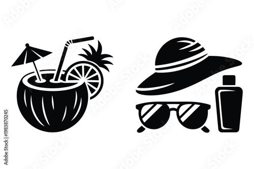 Summer vacation icons with coconut cocktail sun hat sunglasses and sunscreen