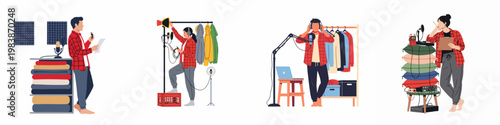 Flat illustration set of people recording podcasts and voiceovers in DIY home studios using creative soundproofing methods and professional audio equipment.