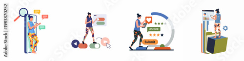 Set of Illustrations Featuring a Woman Interacting with Various Digital Interfaces, Smartphones, Data Dashboards, and Social Media Feedback Elements.